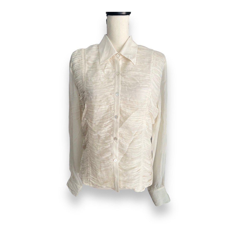 Ravel Womens 100% Silk Shirred Front Button Down Blouse Cream Large